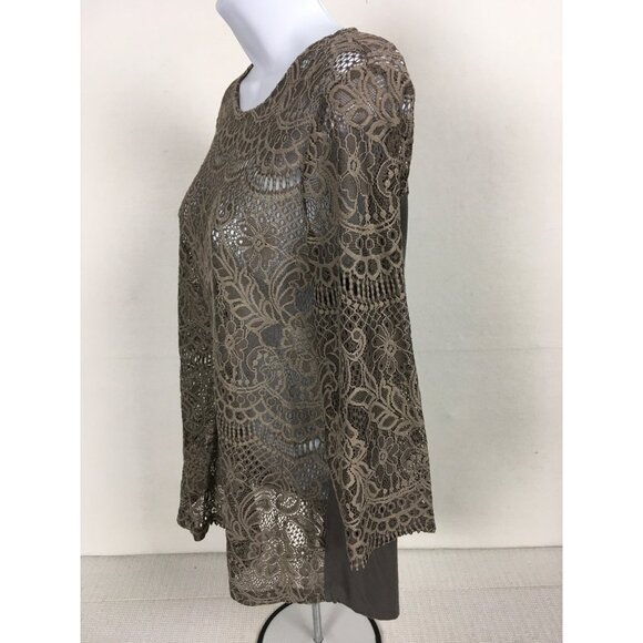 Maurices Womens Lace Overlay Top Size L 3/4 Sleeves Brown Gray Sheer Front - Picture 5 of 14